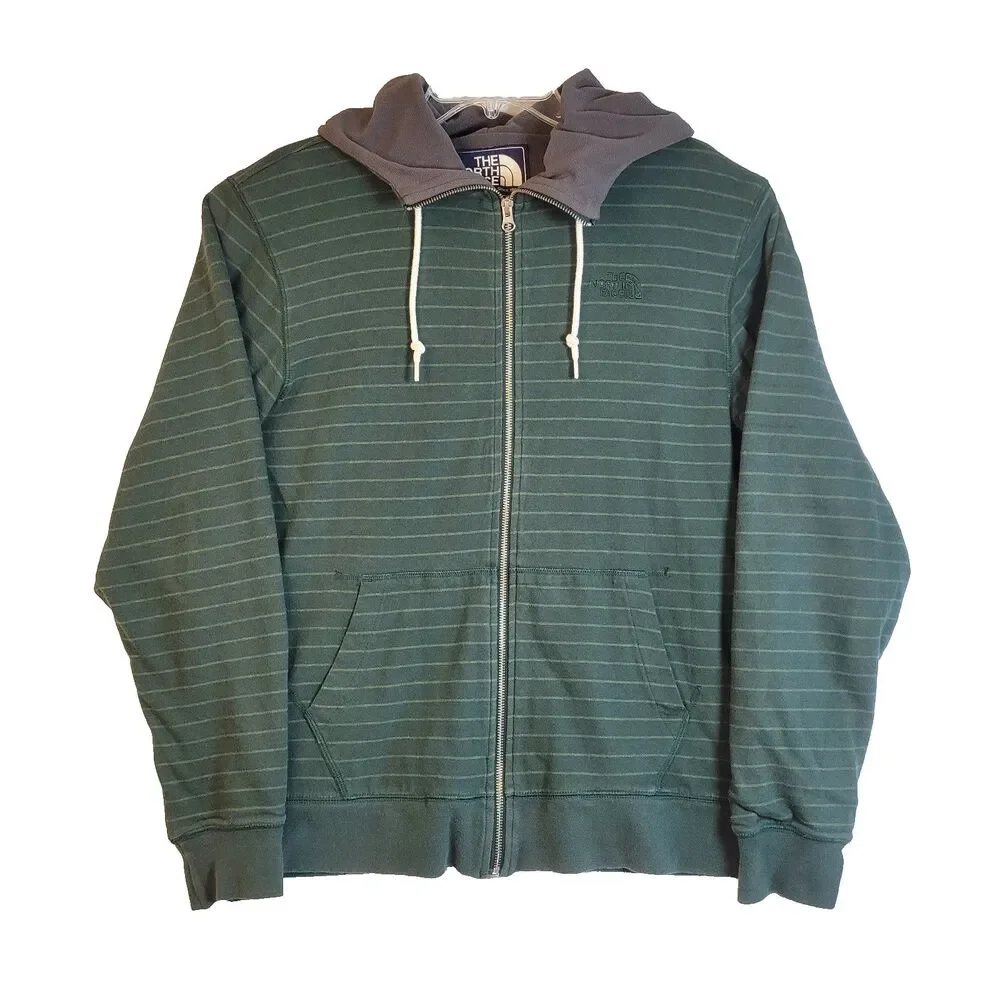 The North Face Men's Medium Green Striped Cotton Zip Up Lined Hoodie Y2K Style